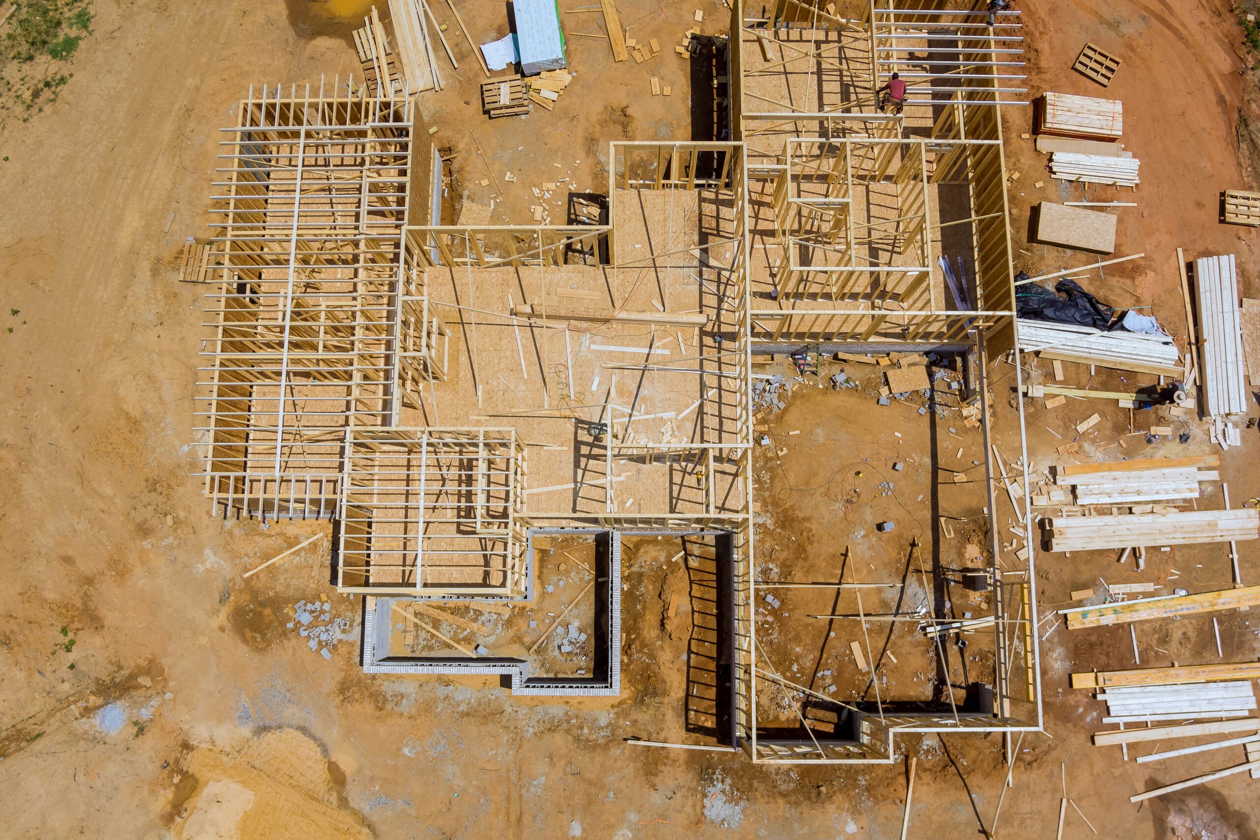 Aerial top view the a new house under construction wood framing beams