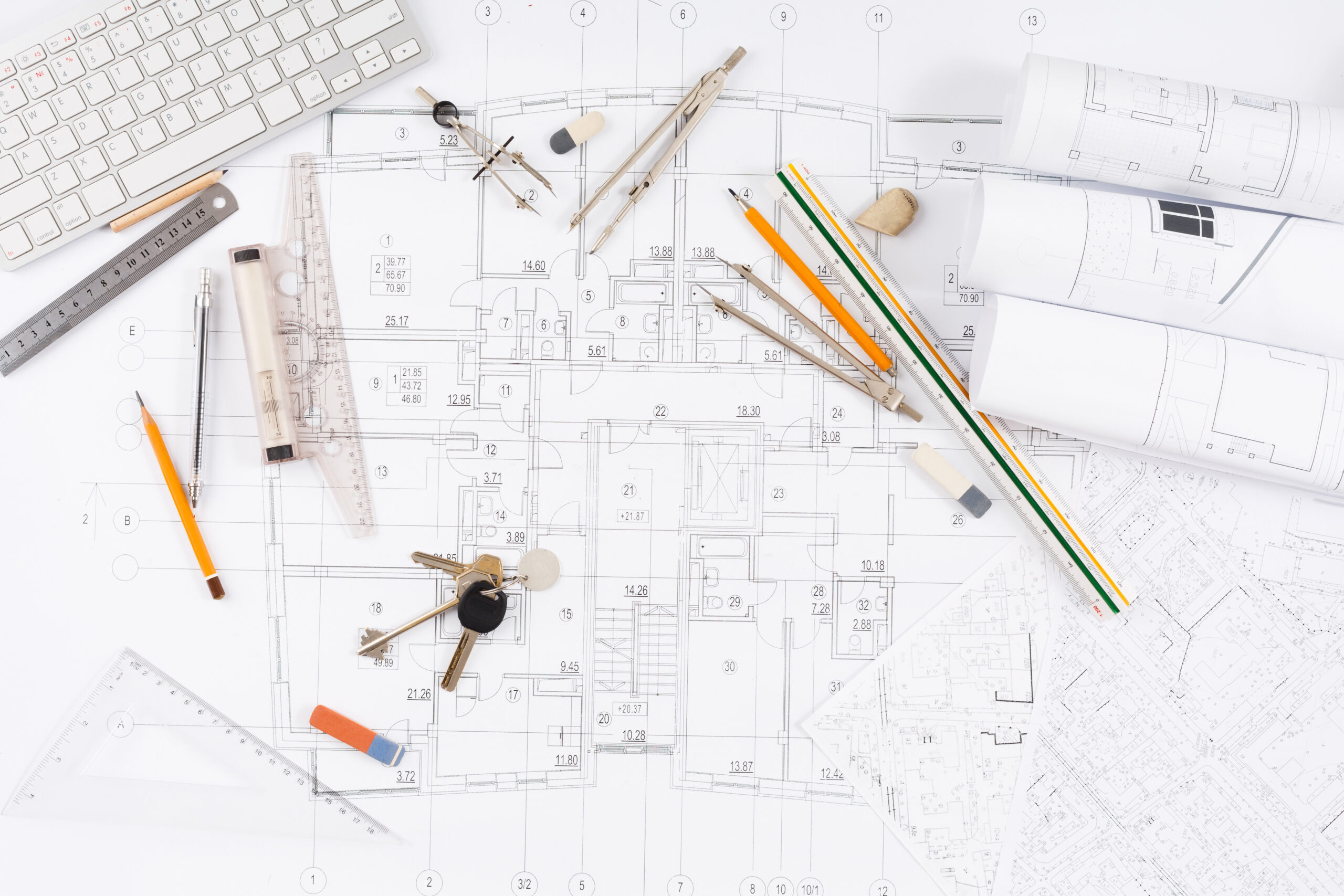 Workplace of architect. Engineering tools for creating new architectural project on table, top view